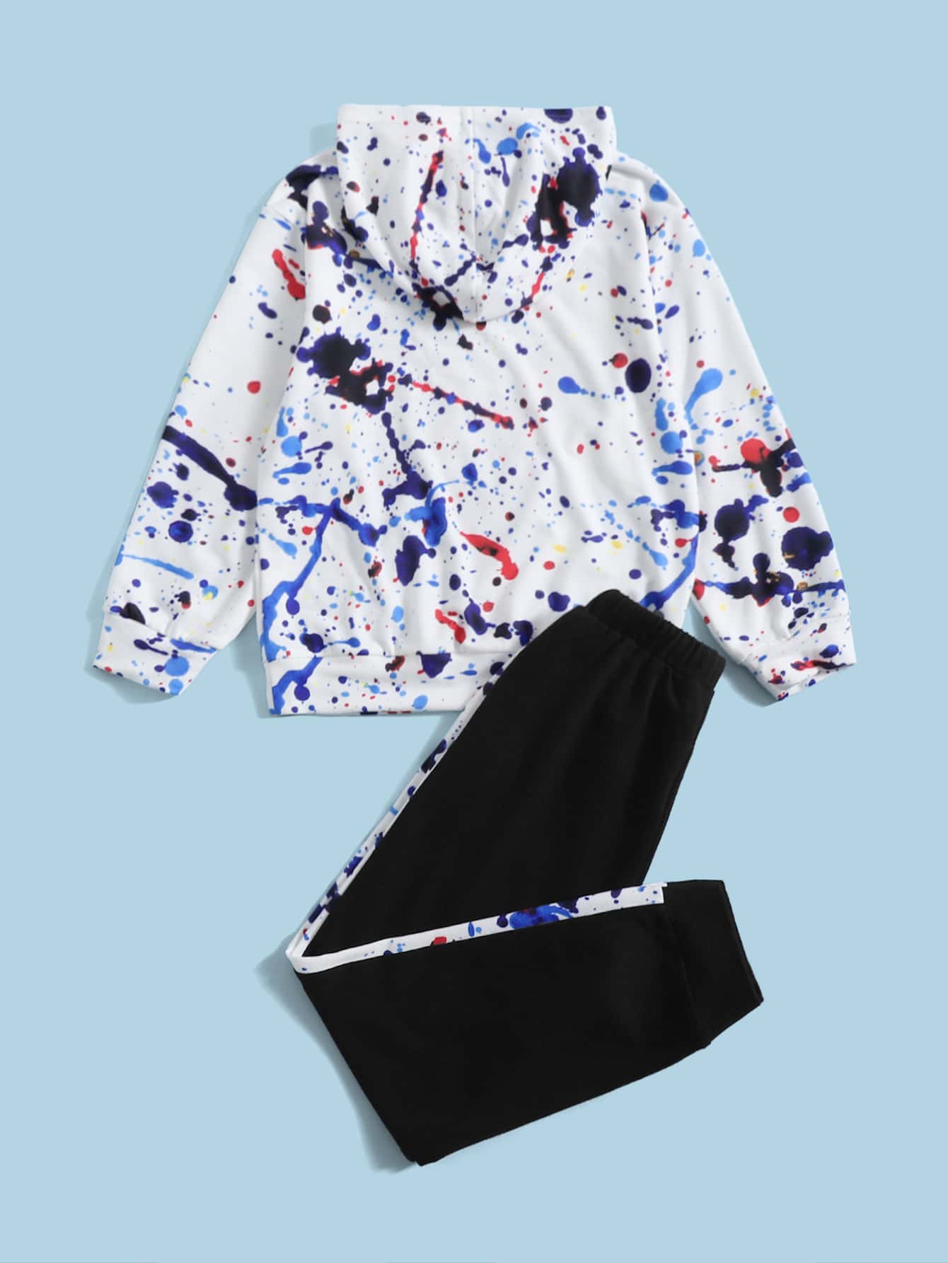 Tween Boy Splash Ink Hoodie & Contrast Side Seam Drawstring Waist Sweatpants