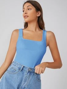 SHEIN BASICS Cổ vuông Chất rắn Áo ba lỗ - Màu xanh nhạt - Xem 1