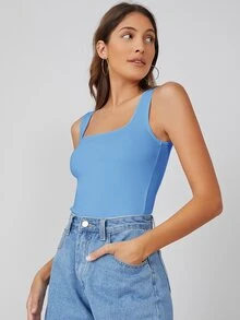 SHEIN BASICS Cổ vuông Chất rắn Áo ba lỗ - Màu xanh nhạt - Xem 3