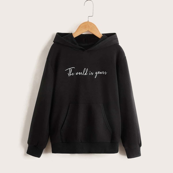 

Boys Slogan Graphic Kangaroo Pocket Sweatshirt, Black