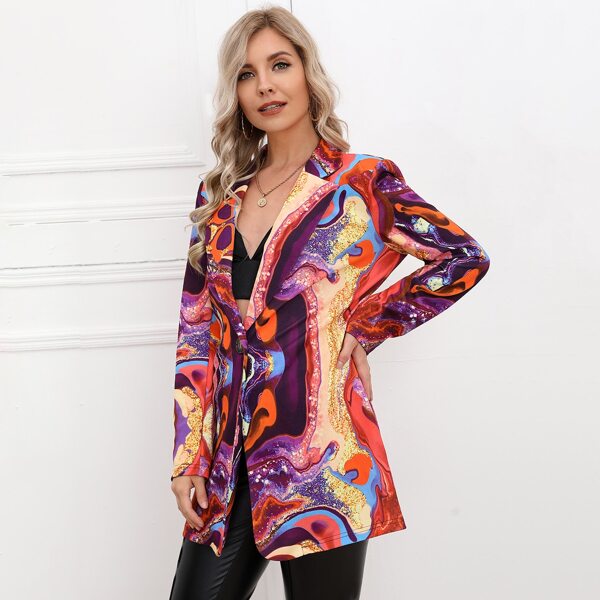

Lapel Neck Graphic Print Single Button Blazer, Burnt orange