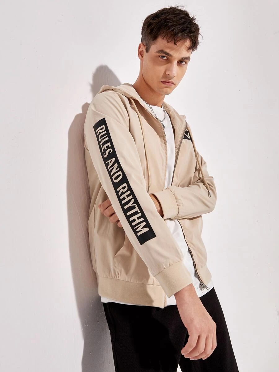 Manfinity Men Letter & Wings Print Zipper Drawstring Hooded Jacket, For Fall Winter