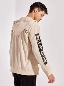 Manfinity Men Letter & Wings Print Zipper Drawstring Hooded Jacket, For Fall Winter