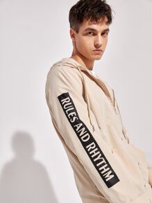 Manfinity Men Letter & Wings Print Zipper Drawstring Hooded Jacket, For Fall Winter