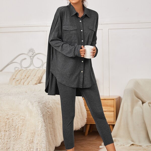 

Drop Shoulder High Low Hem Blouse & Leggings PJ Set, Dark grey