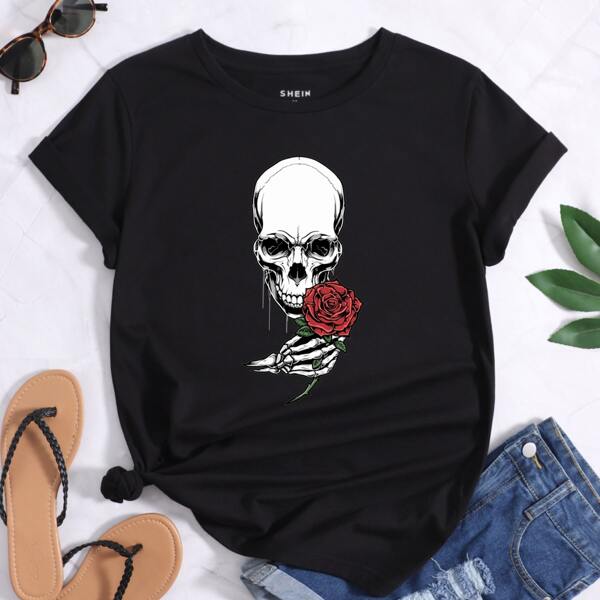 

Skull And Floral Print Tee, Black