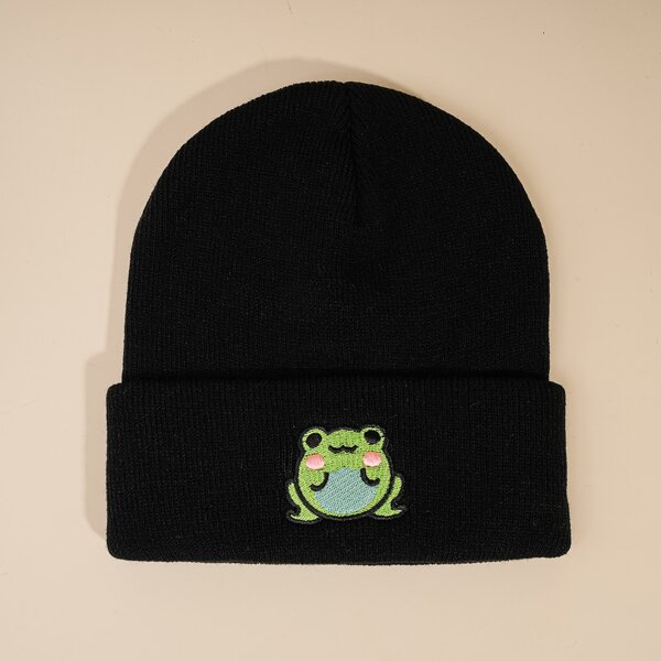 

Cartoon Frog Embroidered Beanie, Black