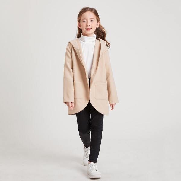 

Girls Dual Patched Pocket Hooded Open Front Wool-Mix Coat, Apricot