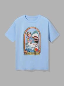 Stevenrhodes 口号图案 & 鲨鱼图案 T 恤，学校 - 淺藍色 - 查看 3