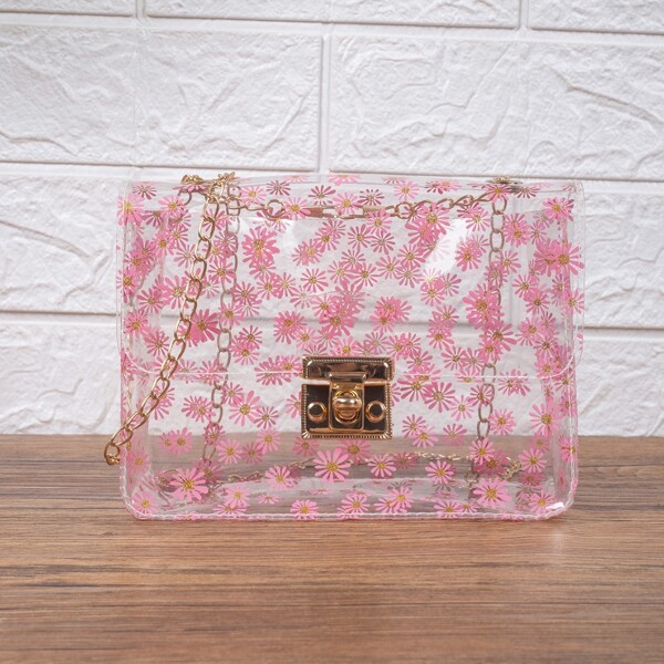 

Clear Allover Floral Pattern Chain Bag, Pink