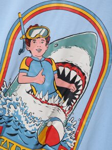 Stevenrhodes 口号图案 & 鲨鱼图案 T 恤，学校 - 淺藍色 - 查看 4