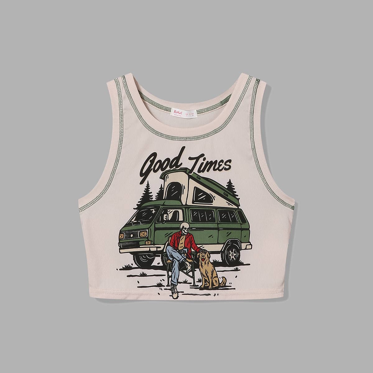 

Stitching Trim Letter Skull & Dog Graphic Tank Top, Apricot