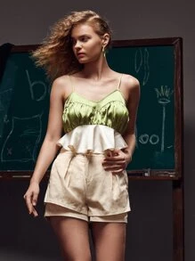 Changtingwulabel Slant Pocket Fold Pleated Two Layer Hem Shorts - Apricot - View 1