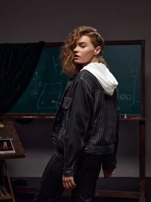 CANDLE RAY Striped Flap Detail Jacket - Black - View 2