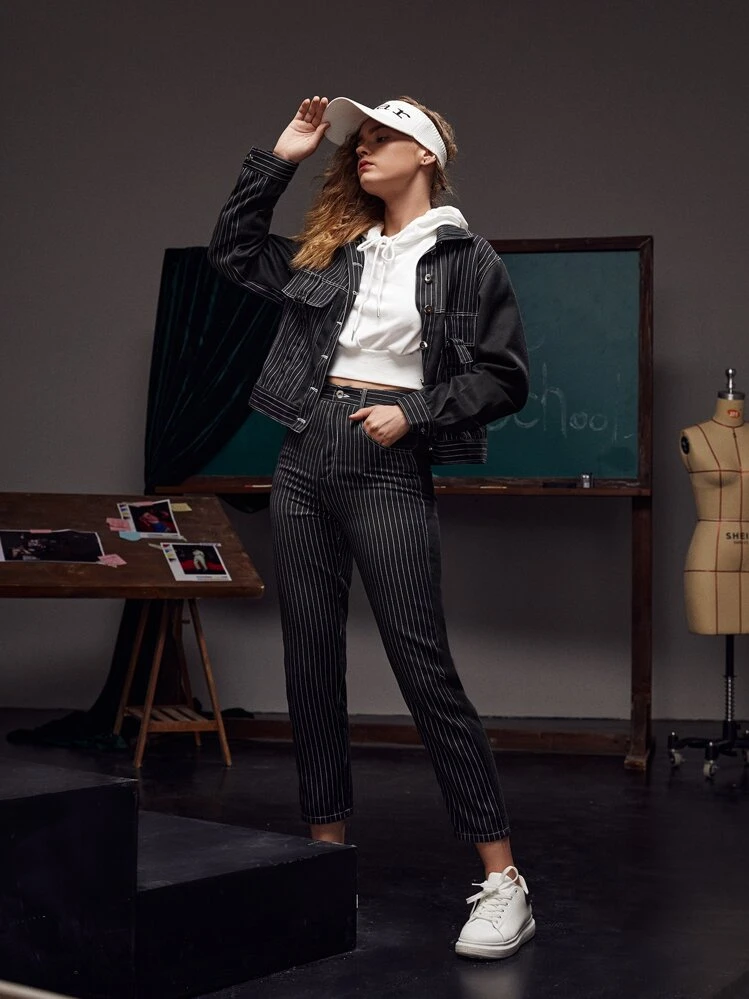 CANDLE RAY Striped Flap Detail Jacket - Black - View 3