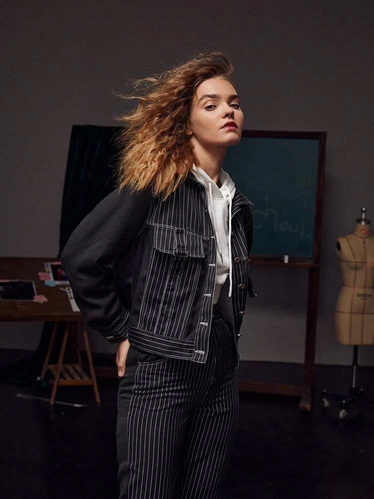 CANDLE RAY Striped Flap Detail Jacket - Black - View 4