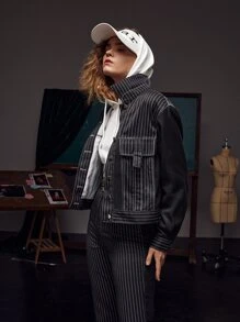 CANDLE RAY Striped Flap Detail Jacket - Black - View 5
