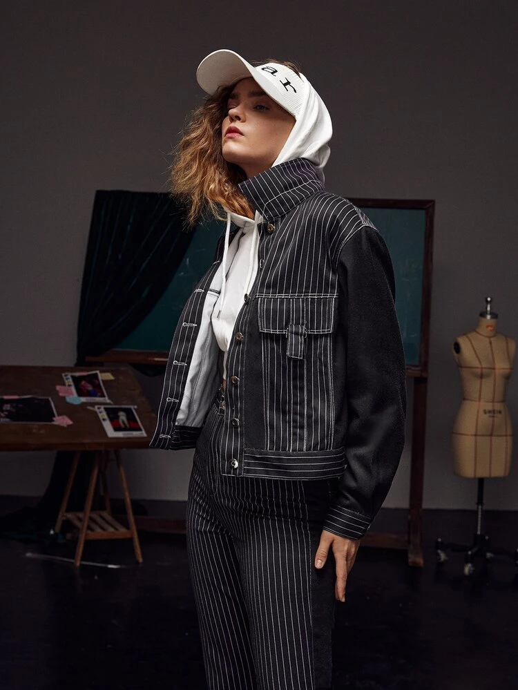 CANDLE RAY Striped Flap Detail Jacket - Black - View 5