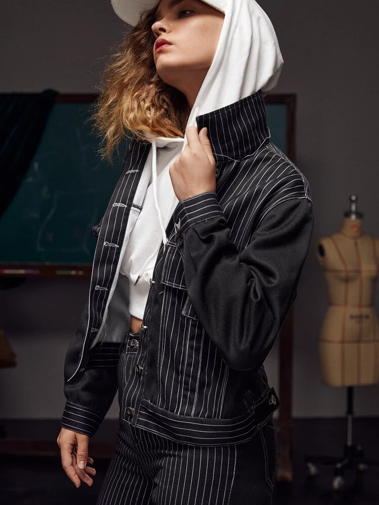 CANDLE RAY Striped Flap Detail Jacket - Black - View 6