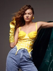 LAUULAUVEGA Geo Print Ruched Bust Asymmetrical Hem Cami Top - Yellow - View 5