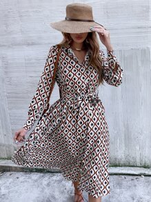 GENKIRA Allover Print Button Up Belted Shirt Dress - Multicolor - View 3