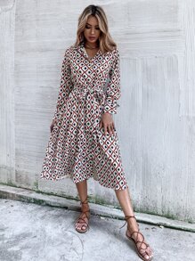 GENKIRA Allover Print Button Up Belted Shirt Dress - Multicolor - View 4
