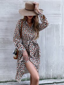 GENKIRA Allover Print Button Up Belted Shirt Dress - Multicolor - View 7