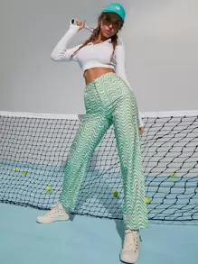 Wavy Line Wide Leg Trousers - Green - View 1