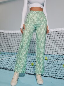 Wavy Line Wide Leg Trousers - Green - View 4