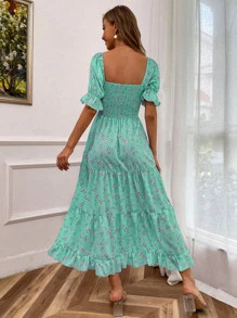 GENKIRA Đầm Lộ Lưng Viên lá sen Tách cao Dải chun Hoa Tất cả trên in Boho - Màu xanh Bạc hà - Xem 2