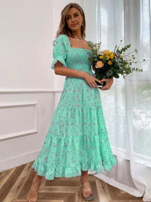 GENKIRA Đầm Lộ Lưng Viên lá sen Tách cao Dải chun Hoa Tất cả trên in Boho - Màu xanh Bạc hà - Xem 5