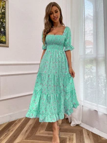 GENKIRA Đầm Lộ Lưng Viên lá sen Tách cao Dải chun Hoa Tất cả trên in Boho - Màu xanh Bạc hà - Xem 7