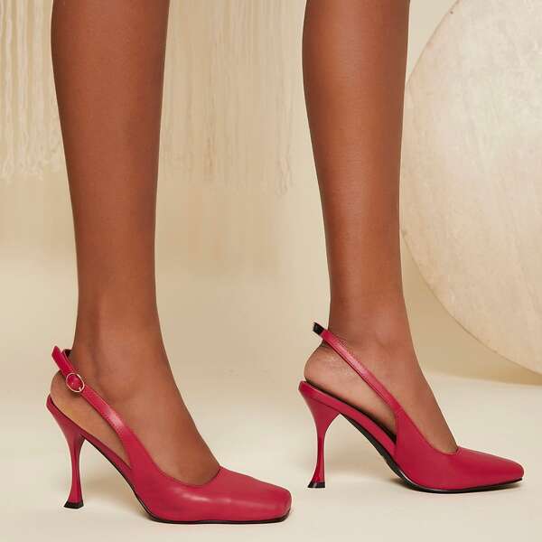 

Square Toe Sculptural Slingback Pumps, Red