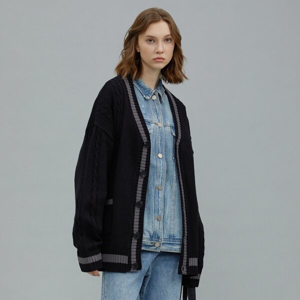 

Single Breasted Striped Trim Cardigan, Black