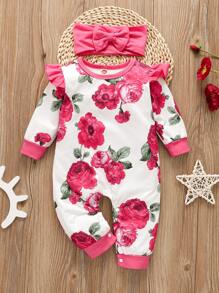 Baby Girl Floral Contrast Binding Ruffle Jumpsuit With Headband - Multicolor - View 1
