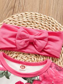 Baby Girl Floral Contrast Binding Ruffle Jumpsuit With Headband - Multicolor - View 3