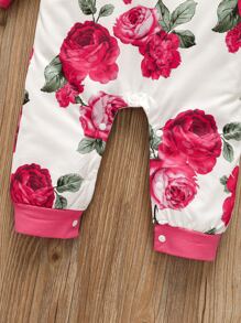Baby Girl Floral Contrast Binding Ruffle Jumpsuit With Headband - Multicolor - View 5