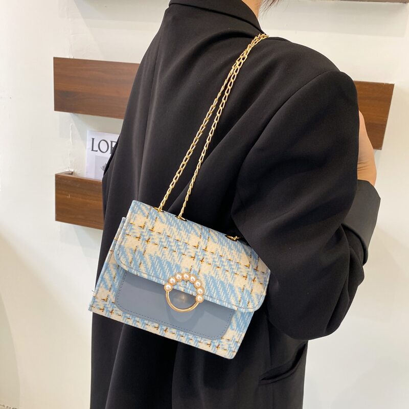 

Plaid Pattern Faux Pearl Decor Chain Shoulder Bag, Baby blue