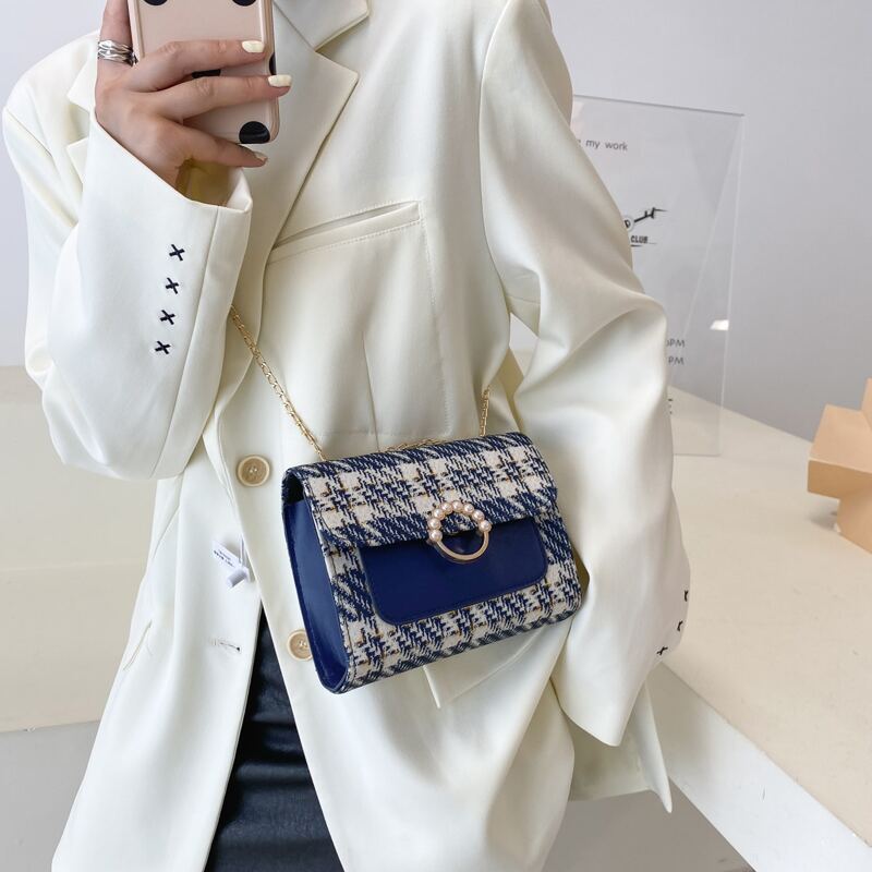 

Tweed Faux Pearl Decor Chain Bag, Blue and white
