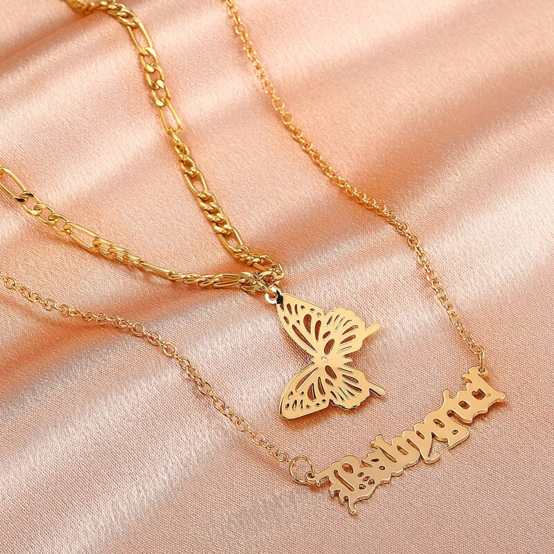 

Butterfly & Letter Double Layered Necklace, Gold
