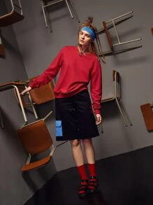 Miki Xu Solid Drop Shoulder Sweatshirt - Red - View 1