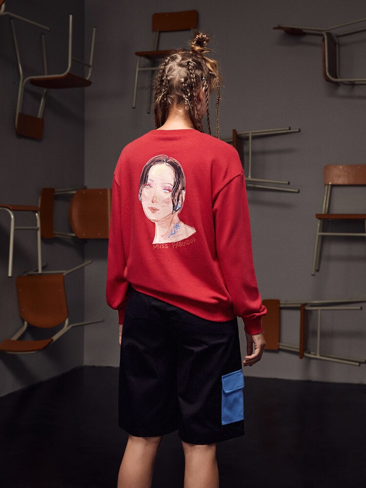 Miki Xu Solid Drop Shoulder Sweatshirt - Red - View 2