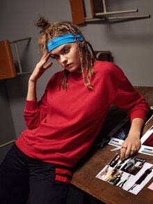 Miki Xu Solid Drop Shoulder Sweatshirt - Red - View 6