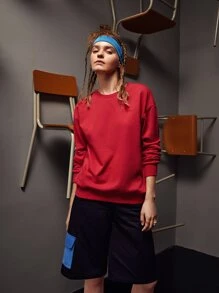 Miki Xu Solid Drop Shoulder Sweatshirt - Red - View 4