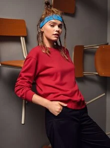 Miki Xu Solid Drop Shoulder Sweatshirt - Red - View 7