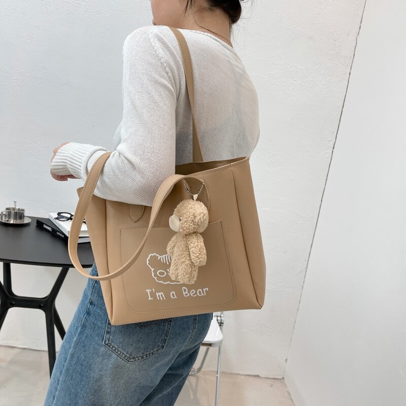 

Cartoon & Letter Embroidery Shoulder Tote Bag, Khaki