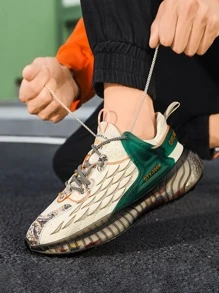 Men Colorblock Geometric Pattern Lace-Up Front Chunky Sole Trainers - Beige - View 2