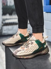 Men Colorblock Geometric Pattern Lace-Up Front Chunky Sole Trainers - Beige - View 3