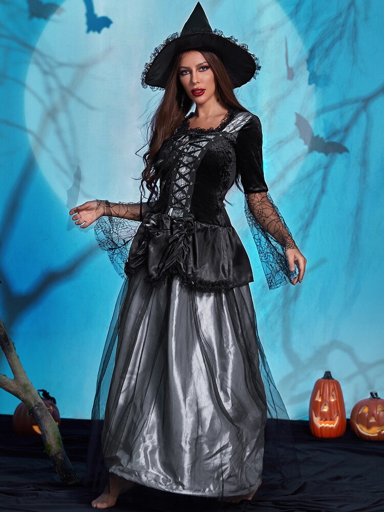 Halloween Witch Costume Dress With Hat - Black - View 4