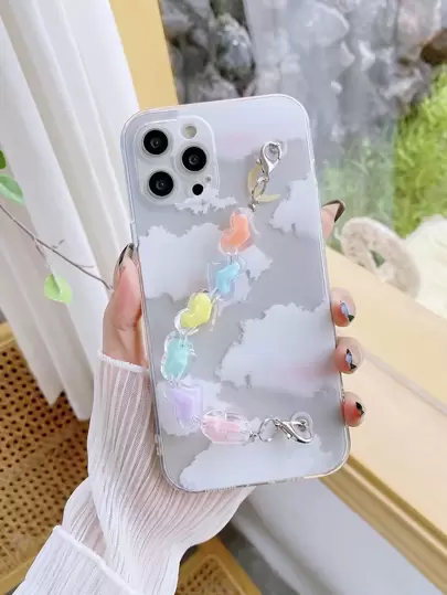 Sky Print Phone Case With Heart Decor Hand Strap